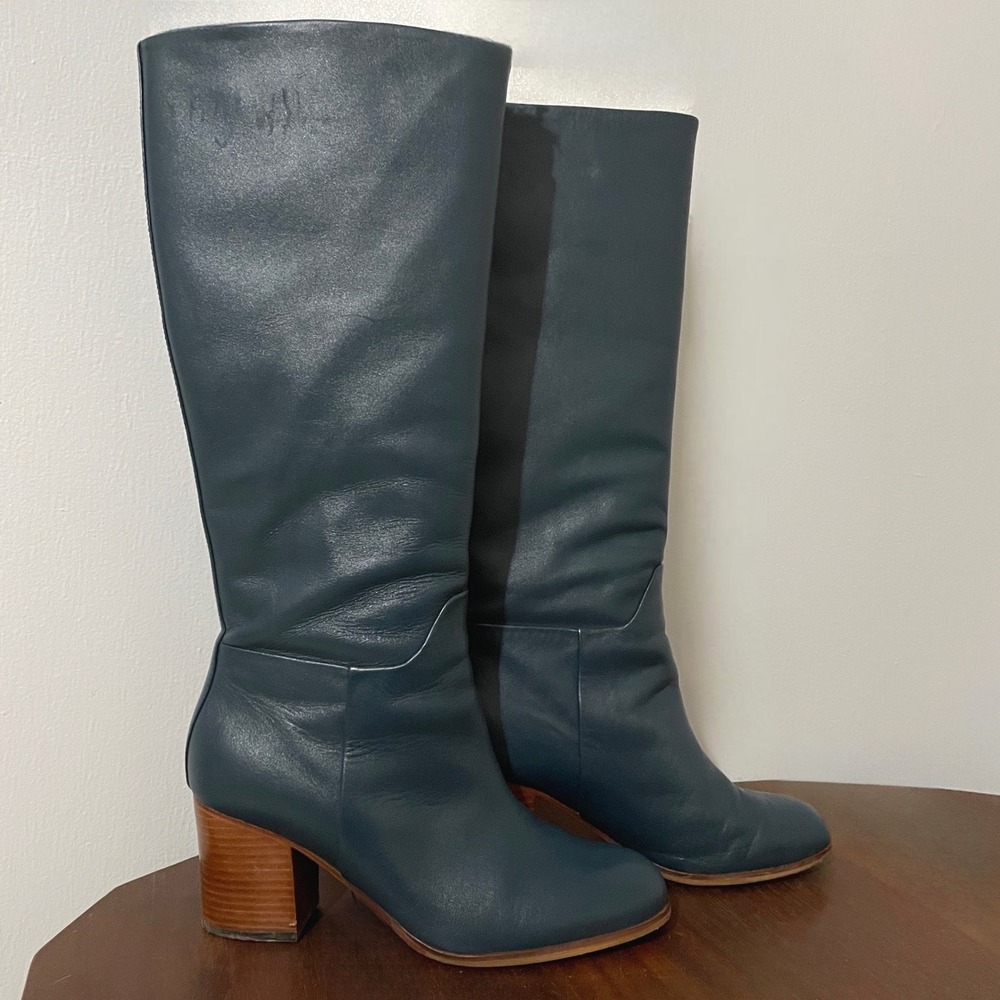 Boden Olivia Teal Leather Heeled Boots 38 Slip On Calf Boot‎